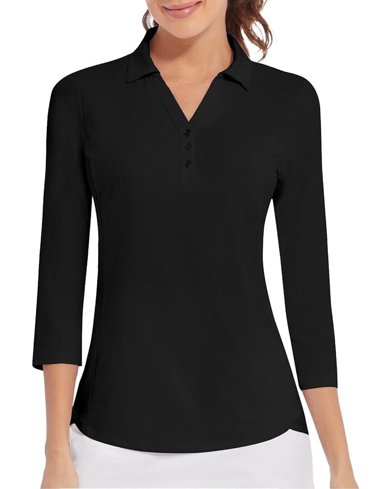 Women's Polo Shirt 3/4 Long Sleeve Golf Quick Dry T Shirts UPF 50+ Athletic Casual Work Shirts Tops for Women 3/4 Sleeve-blac...