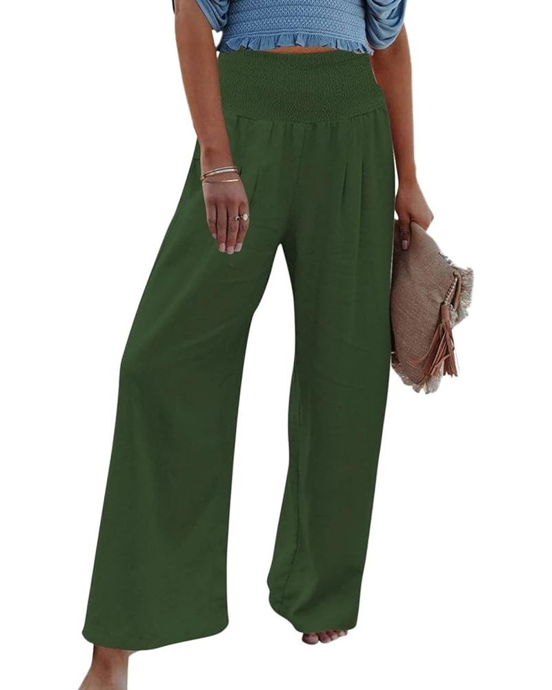 Linen Pants Women Wide Leg Pants High Waist Palazzo Lounge Pant 2024 Summer Beach Boho Casual Trousers with Pockets A3-green~...