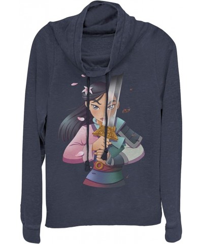 Disney Princess Anime Mulan Women's Long Sleeve Cowl Neck Pullover Navy Blue $12.59 Sweaters