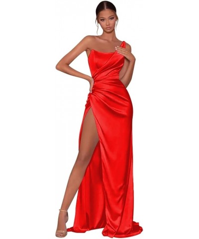 Women's Mermaid One Shoulder Prom Dress with Slit Long Ruched Satin Bridesmaid Dresses for Wedding Formal Party Gown Red $35....