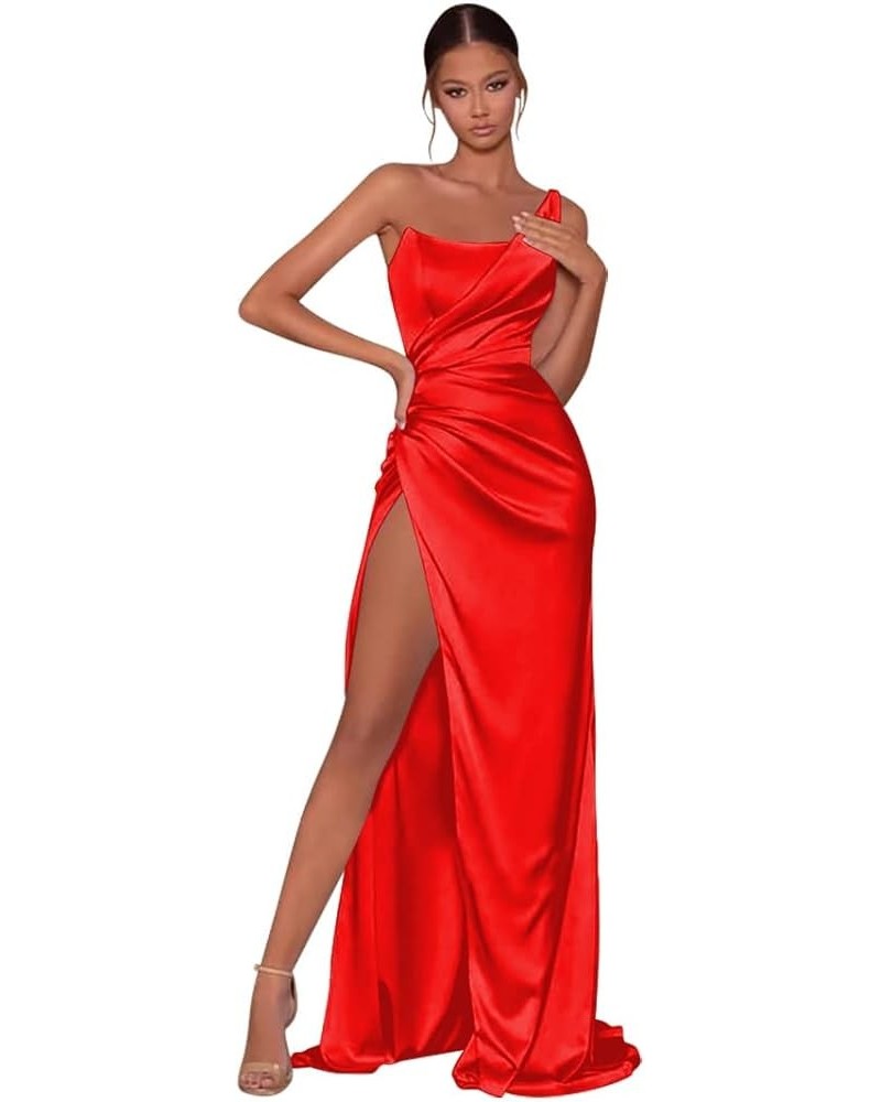 Women's Mermaid One Shoulder Prom Dress with Slit Long Ruched Satin Bridesmaid Dresses for Wedding Formal Party Gown Red $35....