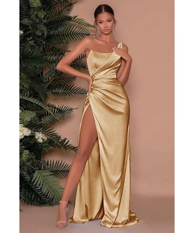 Women's Mermaid One Shoulder Prom Dress with Slit Long Ruched Satin Bridesmaid Dresses for Wedding Formal Party Gown Red $35....