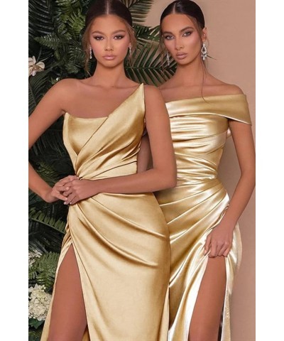 Women's Mermaid One Shoulder Prom Dress with Slit Long Ruched Satin Bridesmaid Dresses for Wedding Formal Party Gown Red $35....