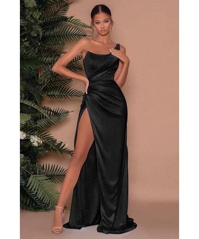 Women's Mermaid One Shoulder Prom Dress with Slit Long Ruched Satin Bridesmaid Dresses for Wedding Formal Party Gown Red $35....