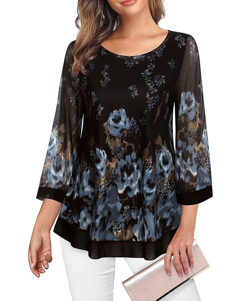 Womens Elegant 3/4 Sleeve Tunic Tops Floral Blouses Mesh Layered Shirts Black Blue Floral $17.33 Tops