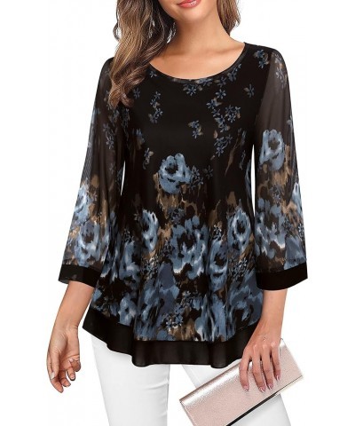 Womens Elegant 3/4 Sleeve Tunic Tops Floral Blouses Mesh Layered Shirts Black Blue Floral $17.33 Tops