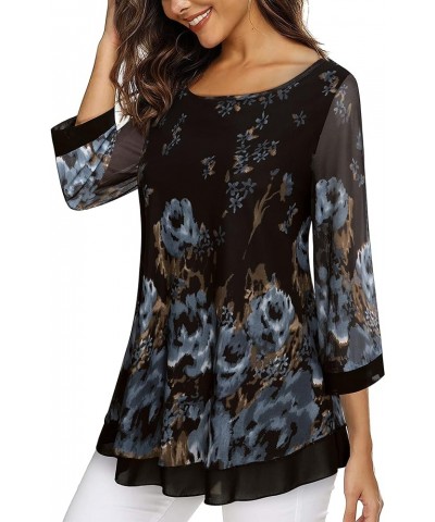 Womens Elegant 3/4 Sleeve Tunic Tops Floral Blouses Mesh Layered Shirts Black Blue Floral $17.33 Tops