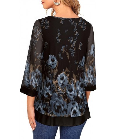 Womens Elegant 3/4 Sleeve Tunic Tops Floral Blouses Mesh Layered Shirts Black Blue Floral $17.33 Tops