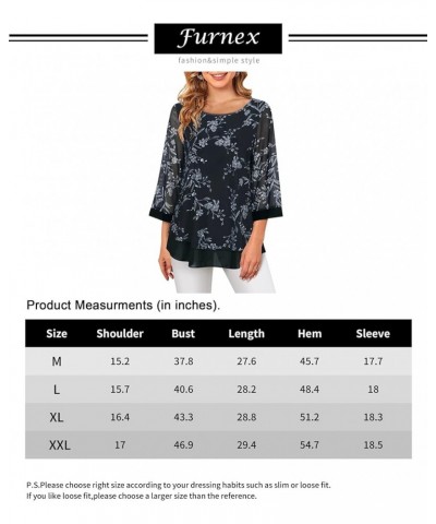 Womens Elegant 3/4 Sleeve Tunic Tops Floral Blouses Mesh Layered Shirts Black Blue Floral $17.33 Tops