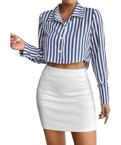 Women's Long Sleeve Plaid Button Down Collar Crop Blouse Shirt Top Plain Blue $13.74 Blouses