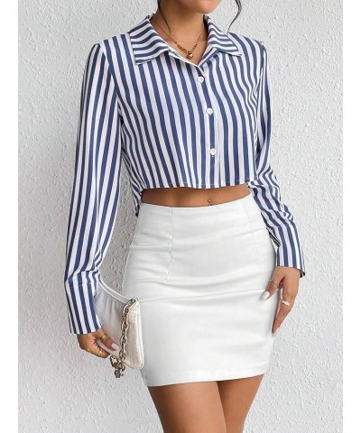 Women's Long Sleeve Plaid Button Down Collar Crop Blouse Shirt Top Plain Blue $13.74 Blouses