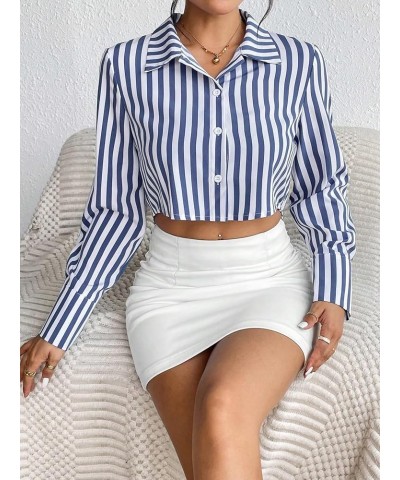 Women's Long Sleeve Plaid Button Down Collar Crop Blouse Shirt Top Plain Blue $13.74 Blouses