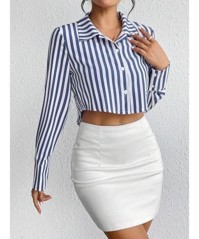 Women's Long Sleeve Plaid Button Down Collar Crop Blouse Shirt Top Plain Blue $13.74 Blouses