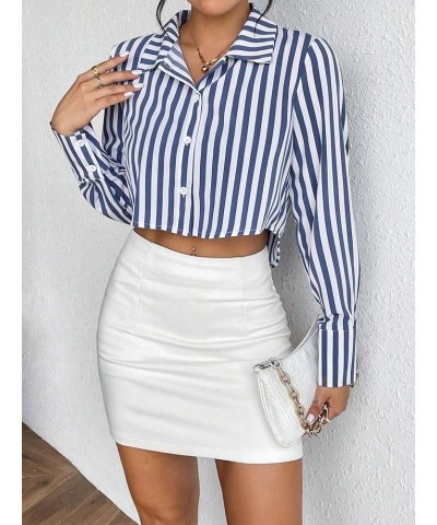 Women's Long Sleeve Plaid Button Down Collar Crop Blouse Shirt Top Plain Blue $13.74 Blouses