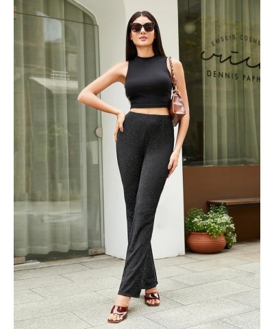 Women's Sequin Long Pants Flared Leg Elastic High Waist Pull On Party Pants Black $7.64 Leggings