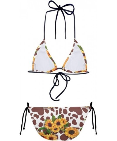 Women Brazilian Bikini 2 Piece Spaghetti Strap Top Thong Swimsuit Bathing Suit Brown Cow Sunflower $11.33 Swimsuits