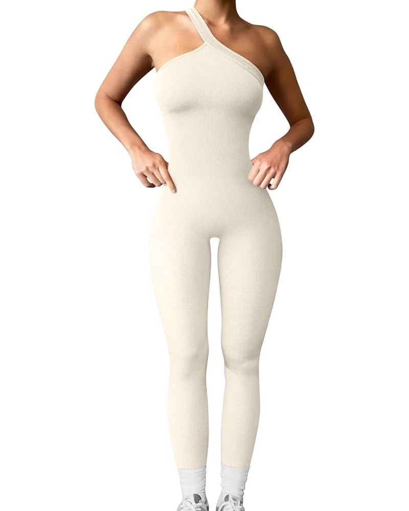 Women Yoga Jumpsuits Workout Ribbed Square Neck Long Sleeve Bodycon Rompers Sport Jumpsuits Skinny One-Piece Clothes H Beige ...