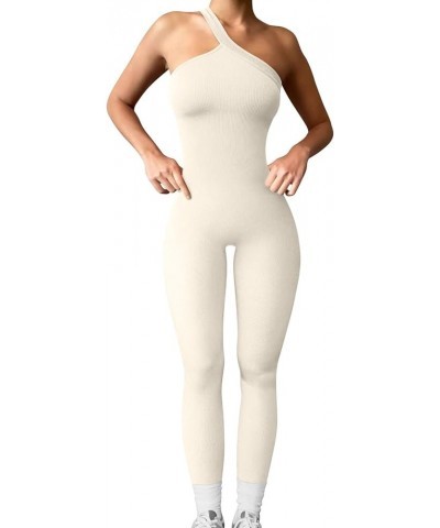 Women Yoga Jumpsuits Workout Ribbed Square Neck Long Sleeve Bodycon Rompers Sport Jumpsuits Skinny One-Piece Clothes H Beige ...