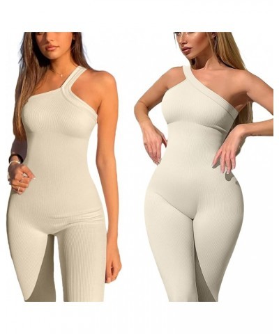 Women Yoga Jumpsuits Workout Ribbed Square Neck Long Sleeve Bodycon Rompers Sport Jumpsuits Skinny One-Piece Clothes H Beige ...