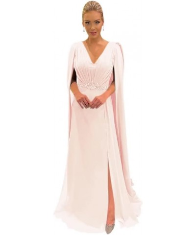 Mother of The Bride Dresses with Long Cape Sleeves Beaded Split Floor Length Formal Dress Blush Pink $33.44 Dresses