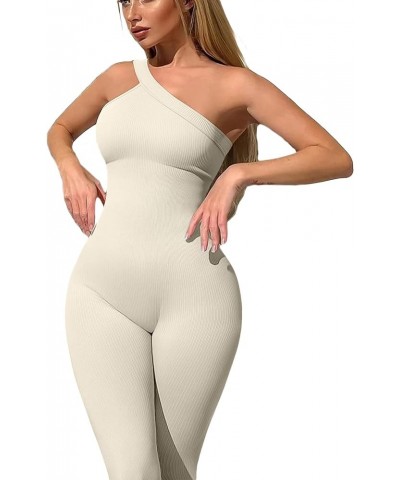 Women Yoga Jumpsuits Workout Ribbed Square Neck Long Sleeve Bodycon Rompers Sport Jumpsuits Skinny One-Piece Clothes H Beige ...