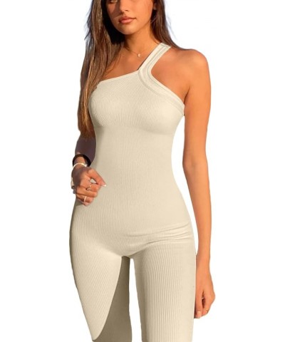 Women Yoga Jumpsuits Workout Ribbed Square Neck Long Sleeve Bodycon Rompers Sport Jumpsuits Skinny One-Piece Clothes H Beige ...