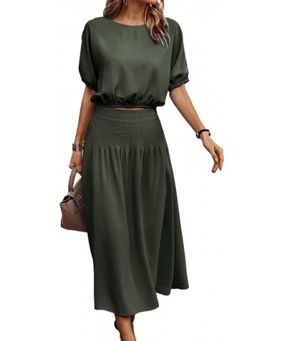 Women's Two Piece Outfits Summer 2023 Solid Color Casual Loose Puff Sleeve Crop Top and Pleated Long Skirt Set Army Green $16...