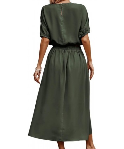 Women's Two Piece Outfits Summer 2023 Solid Color Casual Loose Puff Sleeve Crop Top and Pleated Long Skirt Set Army Green $16...