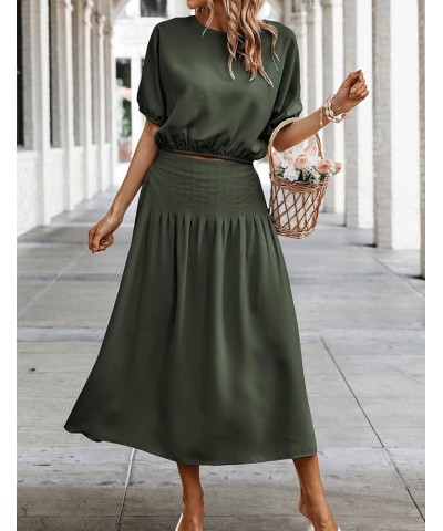 Women's Two Piece Outfits Summer 2023 Solid Color Casual Loose Puff Sleeve Crop Top and Pleated Long Skirt Set Army Green $16...