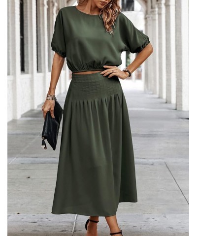 Women's Two Piece Outfits Summer 2023 Solid Color Casual Loose Puff Sleeve Crop Top and Pleated Long Skirt Set Army Green $16...