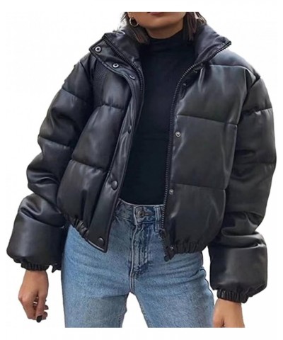 Women's Faux Leather Puffer Jacket Crop Short Jacket Long Sleeve Padded Winter Stand Collar Short Coats Black $26.00 Coats