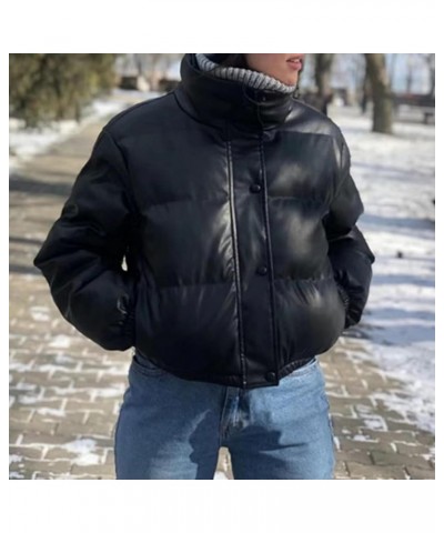 Women's Faux Leather Puffer Jacket Crop Short Jacket Long Sleeve Padded Winter Stand Collar Short Coats Black $26.00 Coats