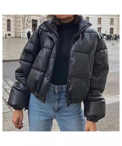 Women's Faux Leather Puffer Jacket Crop Short Jacket Long Sleeve Padded Winter Stand Collar Short Coats Black $26.00 Coats