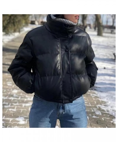 Women's Faux Leather Puffer Jacket Crop Short Jacket Long Sleeve Padded Winter Stand Collar Short Coats Black $26.00 Coats