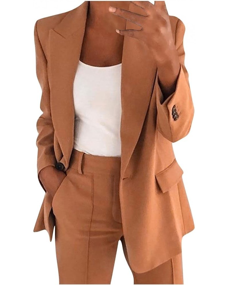 Women 2pc Blazer Jackets Suit Formal Business Blouse Plain Open Front Cardigan Tops Long Sleeves Tailored Coat and Pant Brown...