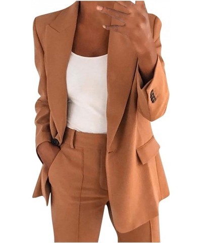 Women 2pc Blazer Jackets Suit Formal Business Blouse Plain Open Front Cardigan Tops Long Sleeves Tailored Coat and Pant Brown...