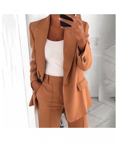 Women 2pc Blazer Jackets Suit Formal Business Blouse Plain Open Front Cardigan Tops Long Sleeves Tailored Coat and Pant Brown...