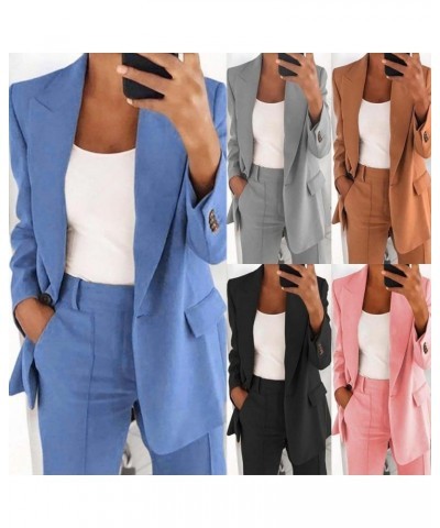 Women 2pc Blazer Jackets Suit Formal Business Blouse Plain Open Front Cardigan Tops Long Sleeves Tailored Coat and Pant Brown...