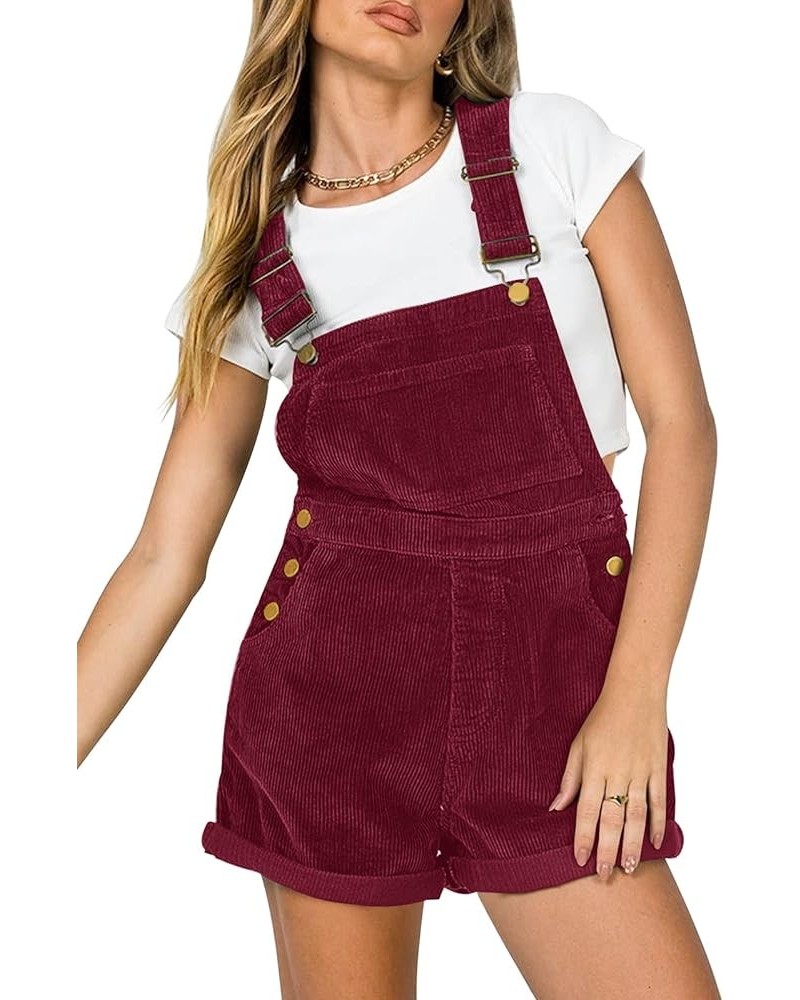 Women Corduroy Short Overalls Romper Jumpsuit Casual Adjustable Straps Cute Plain Overall With Pockets Wine Red $23.93 Overalls