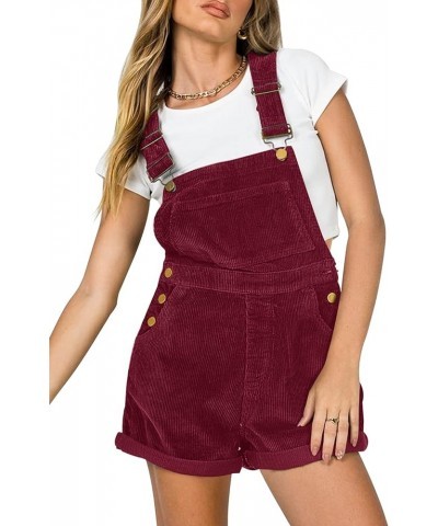 Women Corduroy Short Overalls Romper Jumpsuit Casual Adjustable Straps Cute Plain Overall With Pockets Wine Red $23.93 Overalls