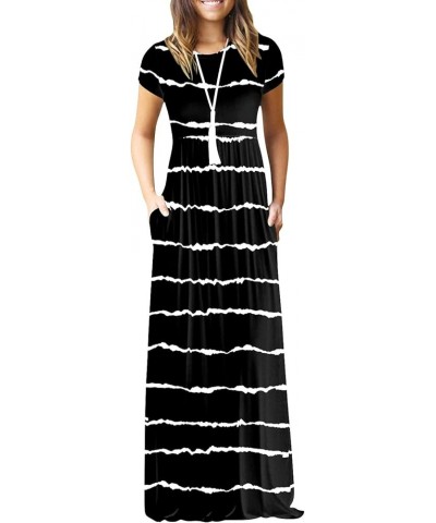 Maxi Dress for Women Short Sleeve Casual Summer Loose Plain Comfy Long Dresses with Pockets 3-black Wave Striped $19.24 Dresses