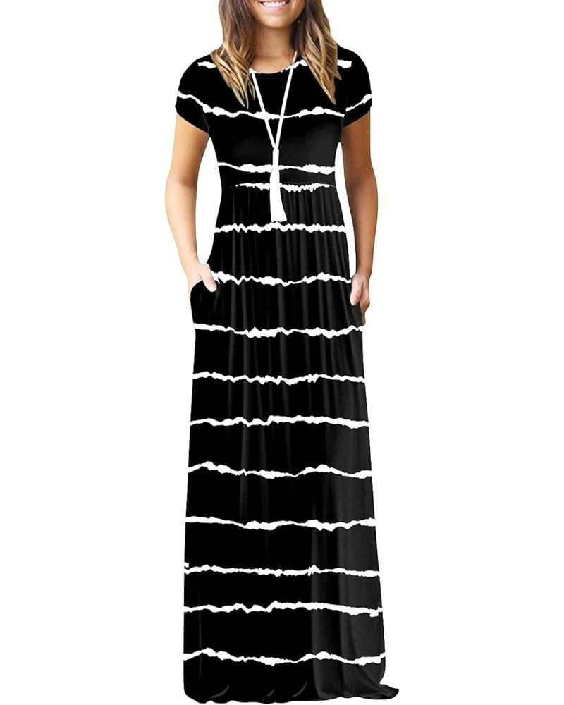 Maxi Dress for Women Short Sleeve Casual Summer Loose Plain Comfy Long Dresses with Pockets 3-black Wave Striped $19.24 Dresses