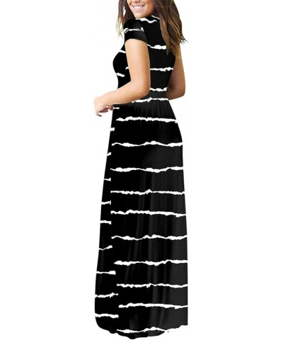 Maxi Dress for Women Short Sleeve Casual Summer Loose Plain Comfy Long Dresses with Pockets 3-black Wave Striped $19.24 Dresses