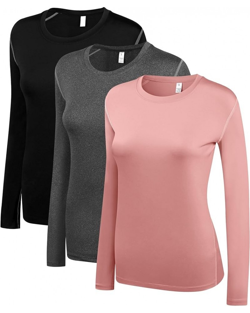 Women's 2-3 Pack Compression Shirt Dry Fit Long Sleeve Running Athletic T-Shirt Workout Tops 3 Pack(black+grey+petals Pink) $...