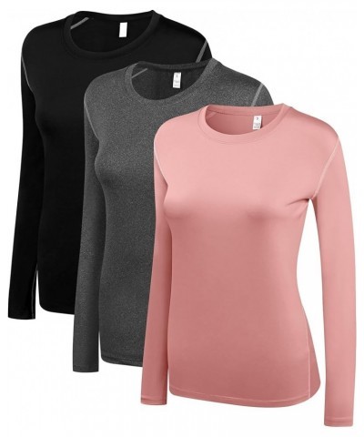 Women's 2-3 Pack Compression Shirt Dry Fit Long Sleeve Running Athletic T-Shirt Workout Tops 3 Pack(black+grey+petals Pink) $...