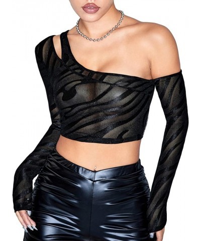 Women's Zebra Print Mesh Long Sleeve See Through Asymmetrical Sexy Crop Top Clubwear Black $12.74 Tops