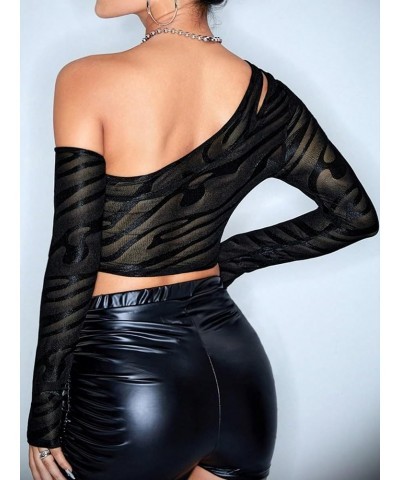 Women's Zebra Print Mesh Long Sleeve See Through Asymmetrical Sexy Crop Top Clubwear Black $12.74 Tops