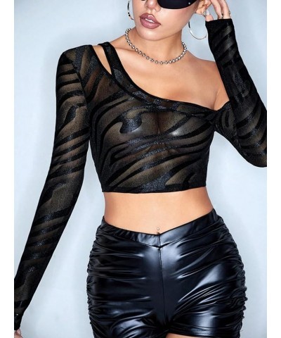 Women's Zebra Print Mesh Long Sleeve See Through Asymmetrical Sexy Crop Top Clubwear Black $12.74 Tops