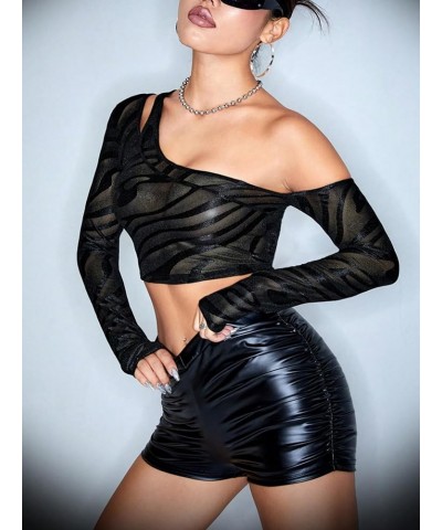 Women's Zebra Print Mesh Long Sleeve See Through Asymmetrical Sexy Crop Top Clubwear Black $12.74 Tops