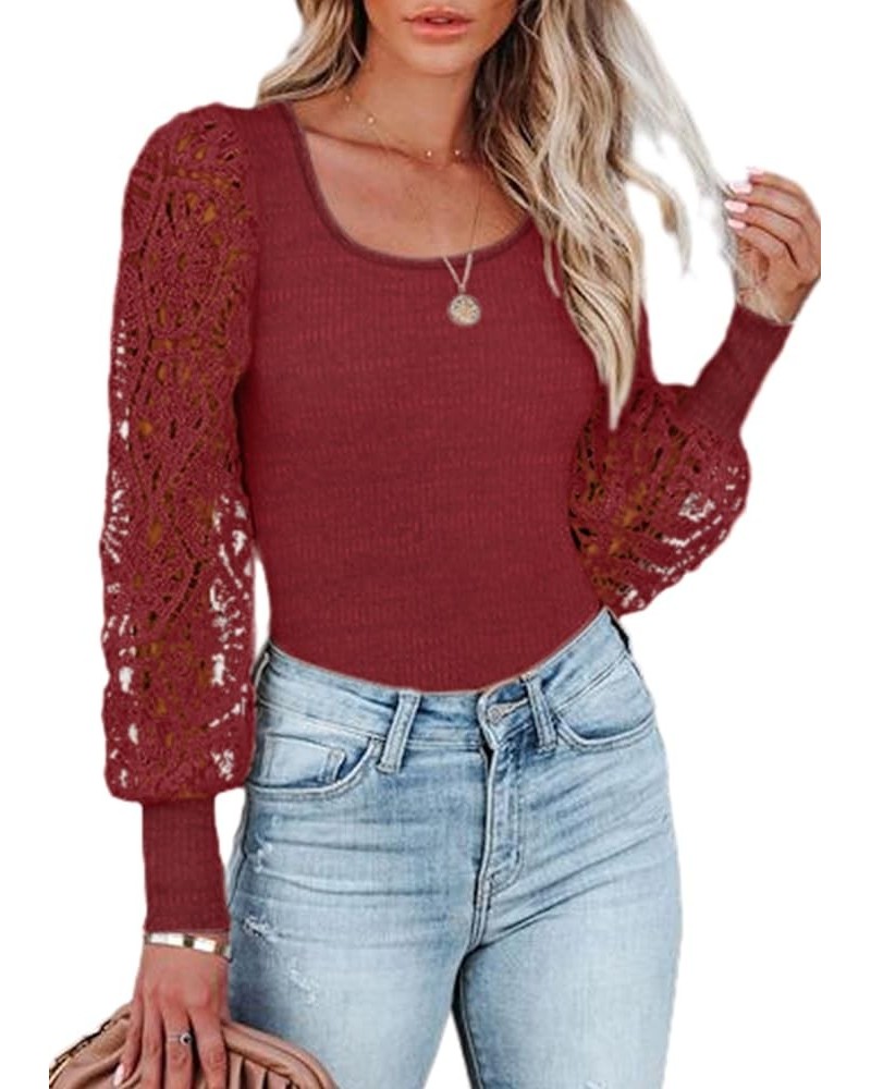 Sweatshirts for Women Crewneck Waffle Knit Sweaters Lace Patchwork Long Sleeve Tops Fall Fashion 2023 02 Burgendy Red $8.54 H...